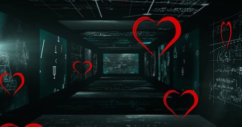 Futuristic Corridor with Floating Hearts and Glowing Equations