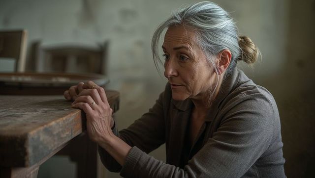 Contemplative senior woman leaning and gripping worn wooden table in rustic room