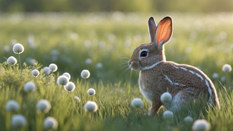 Cottontail rabbit among wildflowers in sunny green meadow