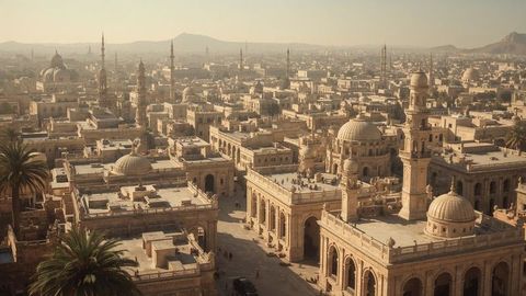 Historic desert city skyline with sandstone domes and minarets