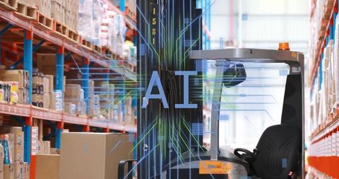 AI-Powered Electric Reach Forklift Navigating Smart Warehouse Aisle with Inventory Overlay