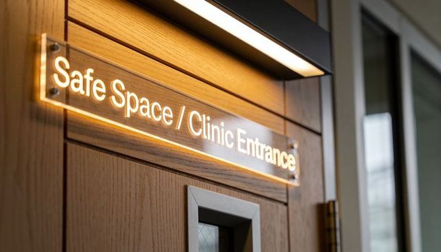 Backlit safe space clinic entrance sign on wood panel with wired glass window