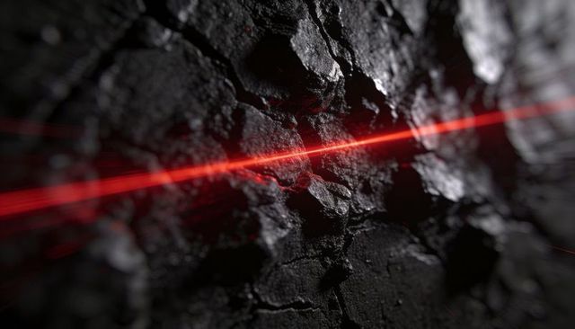 Cutting red laser beam bisecting charred rock macro with texture and specular highlights