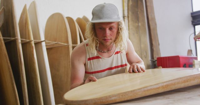 Photo depicts a surfboard maker handcrafting wooden surfboards in a workshop. Ideal for showcasing artisanal skills, craftsmanship, and surfing culture. Can be used for articles about woodworking, recreational hobbies, and various DYI projects.