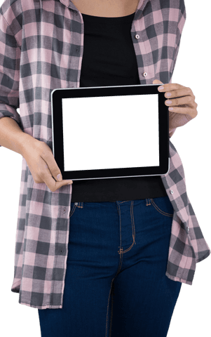 Transparent display by female architect holding digital tablet
