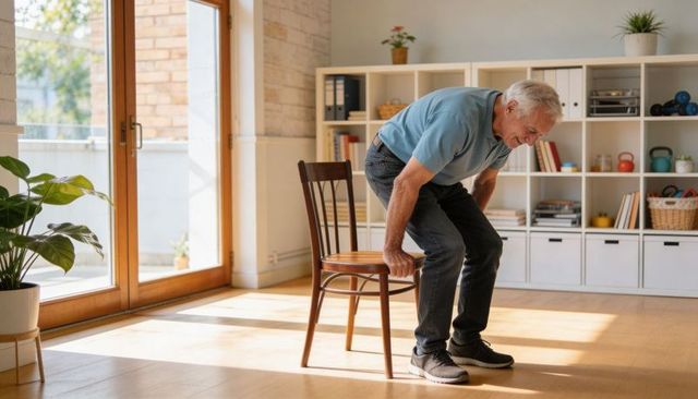Senior man standing up from wooden chair in sunlit living room demonstrating home mobility