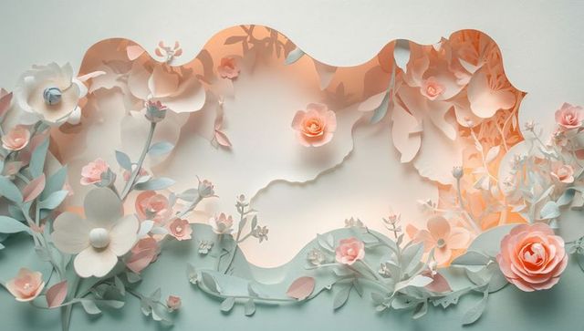 Pastel paper floral frame with layered roses and blossoms for elegant spring design decor