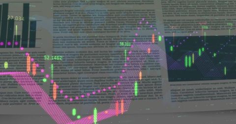 Displaying candlestick overlay on blurred financial report with magenta ribbon trendline