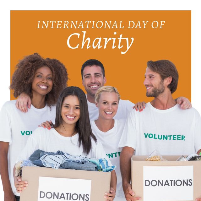 Portrait of multiracial young volunteers with donations boxes and international day of charity text. Composite, copy space, happy, donation, campaign, support, together, awareness and celebration.