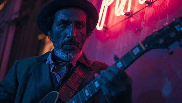 Street performer with electric guitar in neon glow at night