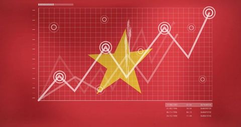 Rising economic indicators with star on red grid background