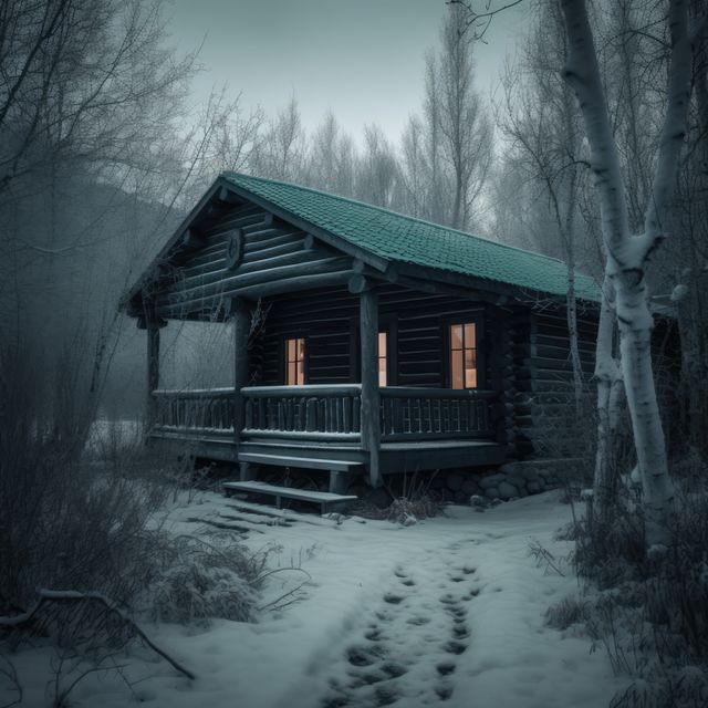 Cabin is situated in a snowy forest with a tranquil and serene atmosphere. Ideal for use in promoting winter getaways, holiday retreats, rustic accommodations, and nature escapes. Suitable for illustrating themes of solitude, peace, and coziness in natural environments.