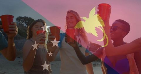 Beach Celebration at Sunset with Friends and Red Cups