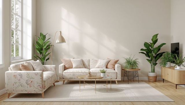 Sunlit scandinavian living room featuring floral sofa, armchair and indoor plants