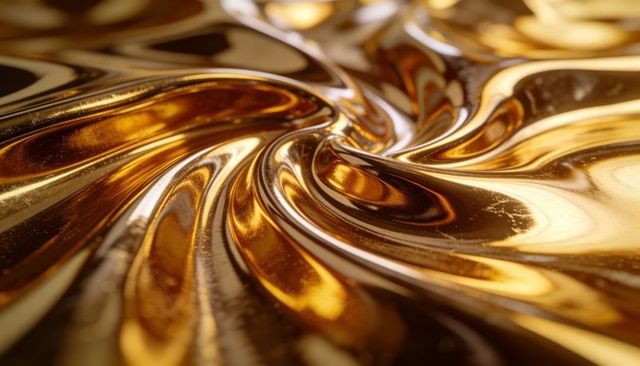Swirling golden liquid vortex shimmering reflective ripples and micro-particles abstract