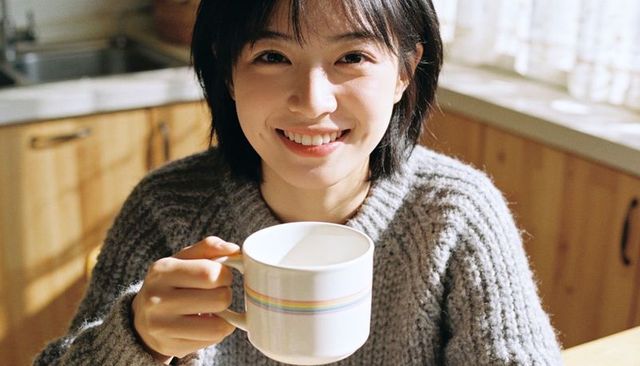 Smiling asian woman holding ceramic mug, enjoying sunlit kitchen morning wearing grey knit sweater