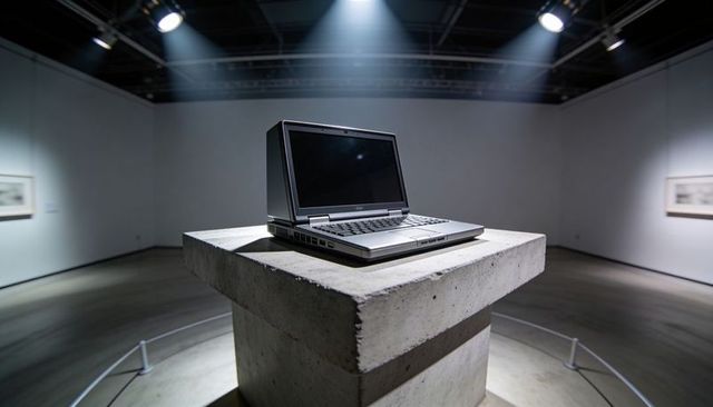 Open silver laptop on concrete plinth in minimalist gallery under spotlight