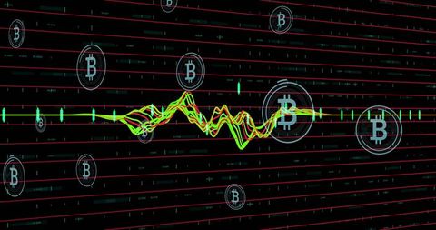 Pulsating neon waveform crossing crypto market dashboard with bitcoin icons and candlesticks