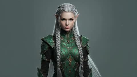 Elegant Elven Warrior with Intricate Green Armor in Studio Stance
