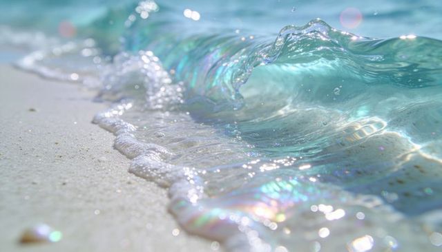 Iridescent turquoise wave curling on powder-white sand with shimmering foam and sunlit highlights