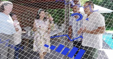 Chatting adults by pool at backyard summer party with blue data overlay