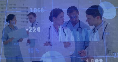 Medical Team Analyzing Clinical Metrics with Digital Data Overlay