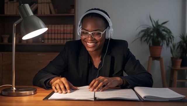 Smiling professional studying late wearing headphones reading binder at home desk