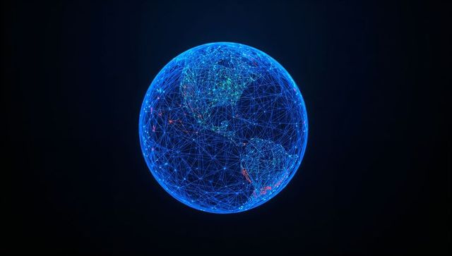 Holographic globe visualizing neon global network, data hotspots and connected nodes