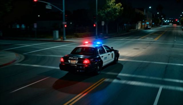 Night patrol police cruiser with flashing red-blue lights on empty urban street