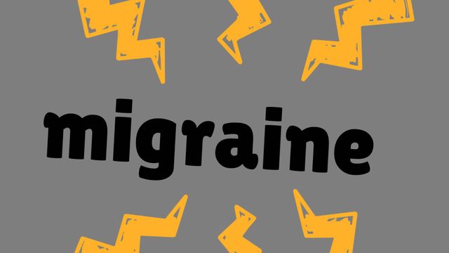 Digital artwork showcasing the word 'migraine' surrounded by animated lightning on a gray background. This visual addresses migraine awareness. Ideal for educational campaigns, health awareness presentations, and social media posts supporting migraine sufferers.