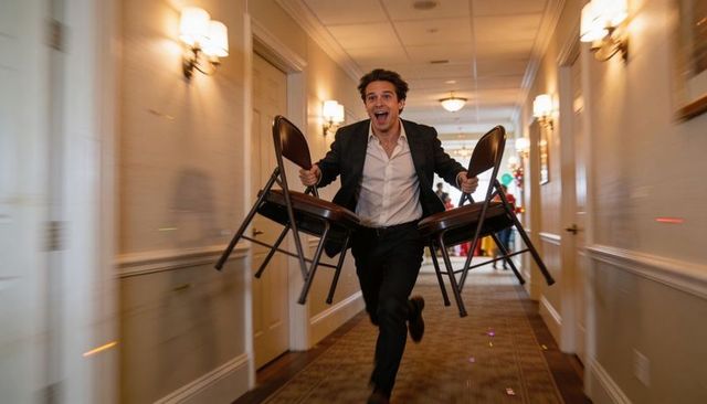 Running businessman carrying folding chairs down hotel corridor, energetic event rush