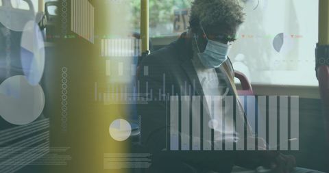 Man with Face Mask Using Smartphone and Digital Data Visualization