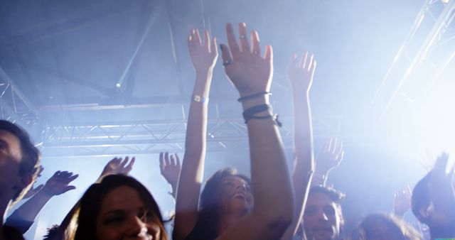 Concertgoers raise their hands in excitement at a music event. The image captures the vibrant atmosphere and collective enjoyment of a live performance.