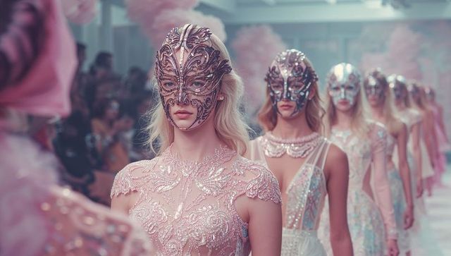 Models Showcasing Designer Fashion With Intricate Masks on Runway