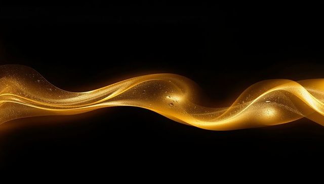 Fluid golden wave with shimmering droplets against dark background