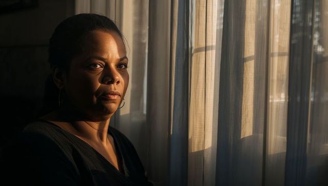 Pensive woman standing by window gazing through sheer curtains at warm morning sunlight