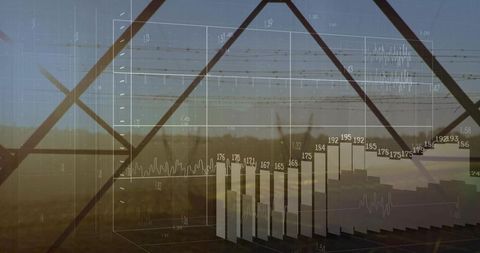 Transparent 3D Bar Chart Overlaying Industrial Framework and Rolling Hills for Data Visualization