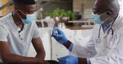 Patient with Doctor Discussing Vaccine at Homewearing Surgical Masks