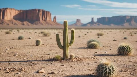 Saguaro cactus highlighted in expansive drought-affected desert landscape