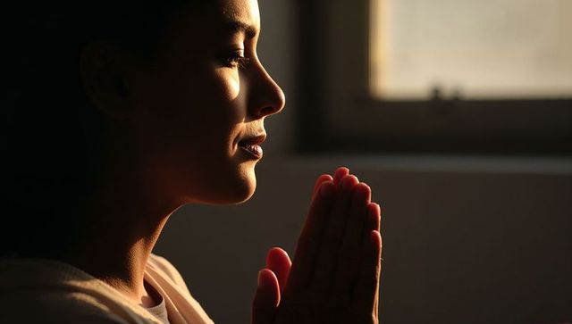Praying woman holding hands together by window warm backlit silhouette for mindfulness