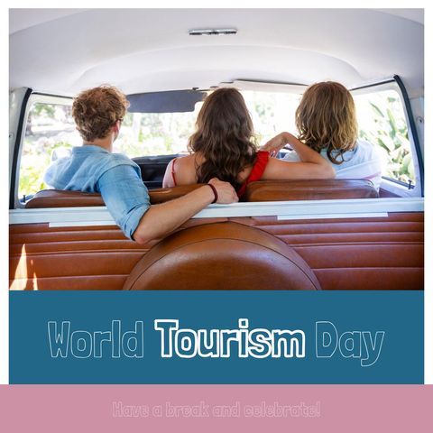 Friends traveling in vintage camper celebrating world tourism day