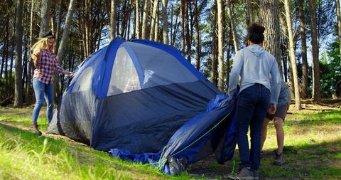 Group Setting Up Dome Tent in Sunny Forest Glade