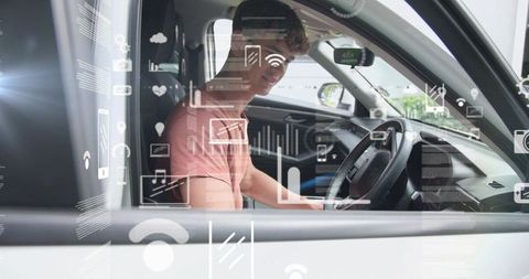 Young driver using smart car dashboard with augmented hud showing connectivity