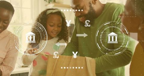 Smiling father unpacking groceries with children in cozy sunlit kitchen with fintech hud overlays