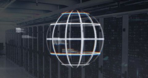 Holographic globe inside futuristic data center with server racks