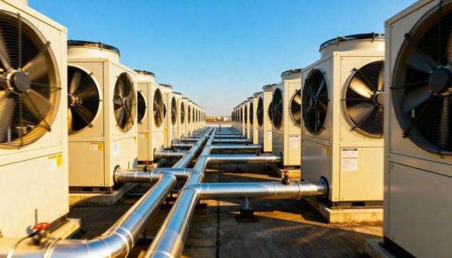 Symmetrical rooftop hvac corridor with stainless steel pipes and condenser fans at sunset