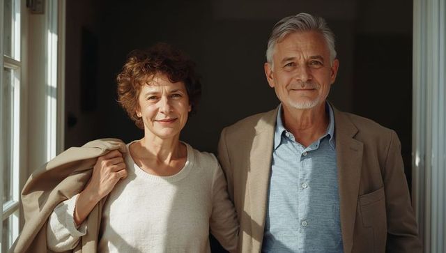 Sunlit senior couple standing in doorway smiling, casual blazers, warm home lifestyle