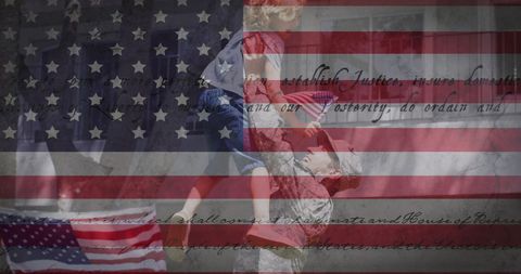 Patriotic Scene with Soldier and Child Against American Flag