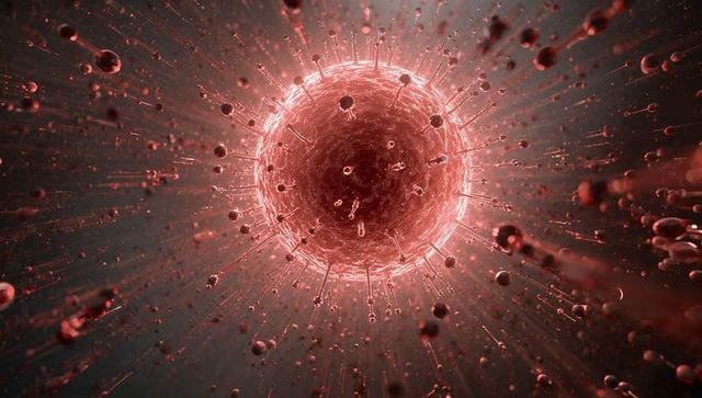 Rotating red viral particle with spikes, droplets and volumetric halo