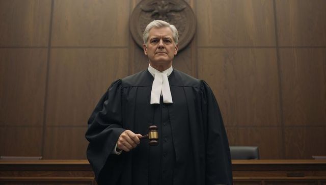 Judge holding gavel in courtroom wearing black robe and white neckbands conveying authority